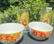 Set Of 4 Two Vintage Libbey Crisa Sunflower Drinking Glasses Royal Norfolk Bowls