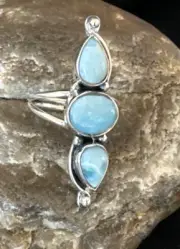 WoMens Cluster Blue Larimar 3 stone Navajo Sterling Silver Ring Size 7 16162
