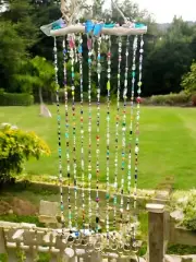 48” Glass Beaded Curtain w/Bronze Bells, Beaded Curtain, Suncatcher, Wind Chime