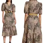 Nwt RIVER ISLAND Mixed Animal Print Belted Cotton Shirtdress Sz 6
