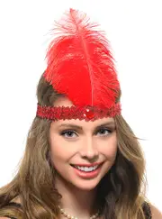 Classic 1920s Red Sequin Flapper Headband with Red Feather