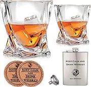 Vaci Crystal Whiskey Glasses - Set of 2 Bourbon Glasses, Tumblers for Drinking Scotch, Cognac, Irish Whisky, Large 10oz Premium Lead-Free with Stainless Steel Flasks, Cups, Luxury Gift Box