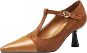 [Onewus] Women Retro T-Strap Pumps with Pointed Toe and Thin Heels