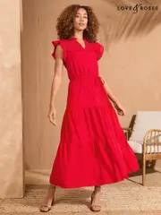 Love & Roses Red Flutter Sleeve Tired 100% Cotton Midi Dress (AW8877) | $102