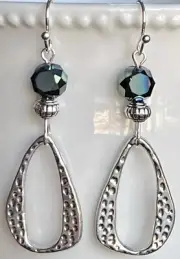 Etched Silver Teardrop and Reversible Iridescent Blue or Black Bead Earrings