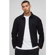Mens Black Regular Fit Zip Up Linen Blend Elasticated Cuff Harrington
