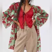 Urban Outfitters Fiona Burnout Sheer Floral Robe In Green & Red NWT Medium