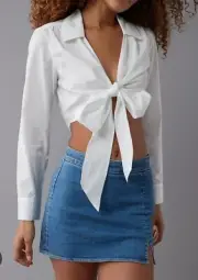 NWT American Eagle XL Cropped Long Sleeve Tie Front Top/Blouse AEO