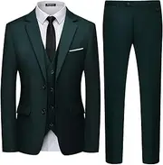 WULFUL Men's 3 Piece Slim Fit Suit Set Two Button Blazer Jacket Vest Pants Tuxedo Set for Party, Wedding and Business, Blackish Green, Small