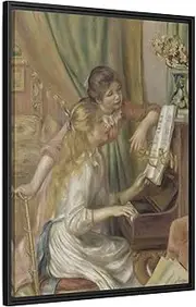 Piano Girls Renoir Canvas Print - Watercolor Music Wall Art in Exclusive Frame 24x32inch 60x80cm (Vertical) / Black / 1.25inch 3.175cm