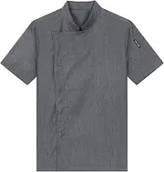 [Linjinx] Mens Unisex Short Sleeve Chef Jacket Stand Collar Chef Shirts Coat Press Buttons Uniform