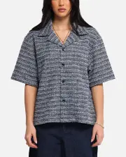 [XXIII] Xxiii Boucle Tweed Crop Button Up Shirt Black/white/blue - Size M M Black/White/Blu