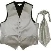New men's tuxedo vest waistcoat & ascot horizontal stripes prom silver wedding