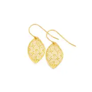 9ct Gold Diamond-cut Filigree Leaf Hook Drop Earrings