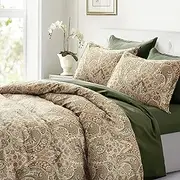 Eikei Boho Paisley Print Luxury Duvet Quilt Cover and Shams Bedding Set Bohemian Damask Medallion 400TC Egyptian Cotton Sateen (Kale Caramel, Queen)