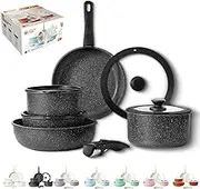 2025 New Gourmetific Cookware Set, 5/15 Piece Nonstick Maifan Cookware Set with Detachable Handle, Oven Safe, Super Easily Clean, with Ceramic-Coating for Healthy Cooking (Black,15 Pcs)