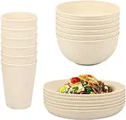 18Pcs Plastic Striped Dinnerware Set Stackable Cups Plates and Bowls Sets Unbreakable Camping Plates Bowls Dishwasher Safe Multipurpose Dinnerware Serving Set for Home Camping Picnic (Beige)