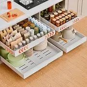 Pull Out Cabinet Organizer, Slide Out Cabinet Organizer with Adhesive Film, Sliding Drawer Pantry Shelf for Kitchen, Living Room, Home, Expandable Cabinet Adjustable Width 32cm to 52cm (1 pack)
