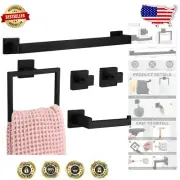 Modern 5-Pc Bathroom Hardware Set - Matte Black Towel Bar with Hooks and Holder