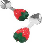 KICHOUSE Infant Feeder Fork Spoon Set Short Handle Tableware Strawberry Theme Safe Materials for Toddlers