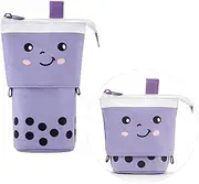 Cute Milktea Pen Pencil Telescopic Holder Stationery Case, Stand-up Transformer Bag with Smile Face Dot Organizer, Great for Cosmetics Pouch Makeup Bag, Kawaii Stationary