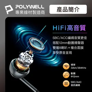 POLYWELL Type-C耳塞式HiFi有線耳機麥克風 美商32bit晶片 適用iPhone15 寶利威爾 台灣現貨