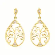 9ct Yellow Gold Diamond Set Tree of Life Drop Earrings