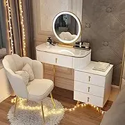 Makeup Vanity Table with Drawers and LED Lights Dressing Table Set with Cushioned Stool and Dimmable Mirror for Bedroom Studio Decor White/Gold 80cm/3 Size
