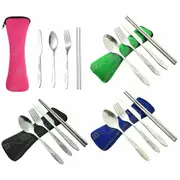4Pcs Stainless Steel Cutlery Set Knife Fork Spoon Chopsticks With Portable Bag A