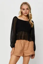 Black Peplum Top Long Sleeve - Size S, Women's Cami