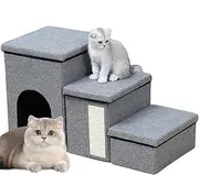 Uandhome Dog Stairs for Bed with Storage,Foldable 3-Step Pet Stairs for Dog Stairs for Small Medium Dogs and Cats,Adjustable Dog Steps with Storage Boxes and Condo for Climbing High Beds and Couch