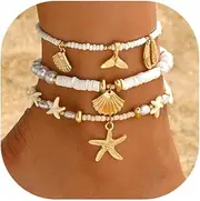[Palotay] Summer Beach Ankle Bracelet for Women Waterproof Boho Beads Starfish Seashell Anklets Adjustable Surfer Preppy Ankles Set Beach Vacation Accessories