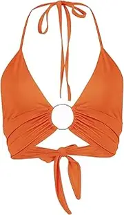 [AZIDWERYQ] Women Triangle Bikini V-Neck Self-Tie Camisole with Ring Backless Crop Top Pleated Halter Neck Swimming Tops for Beach Pool Party(Orange) Women's Bikini Tops