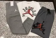 NWT NIKE AIR JORDAN BOY'S 3 PC SET WHITE LONG SLEEVE JOGGERS & SHORTS GRAY L
