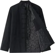 [NTWSHS] Chinese Clothing Winter Cotton Linen Tang Suit Men Thick Warm Tai Chi Uniform Long Sleeve Traditional Clothes Tops,Hanfu Jacket Kung Fu Clothing Shirt Coat Martial Arts Suit(Black,3XL-4XL)