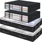 CJWLKJ Under Bed Storage Containers, 4-Pack Large Capacity Underbed Storage Bags Organizer, Thick Fabric Storages Bins with Clear Window and Handles for Blanket, Comforter, Bedding, Clothes, Black
