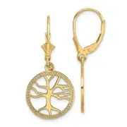 14k Gold Tree of Life In Round Frame Leverback Earrings 1.28"
