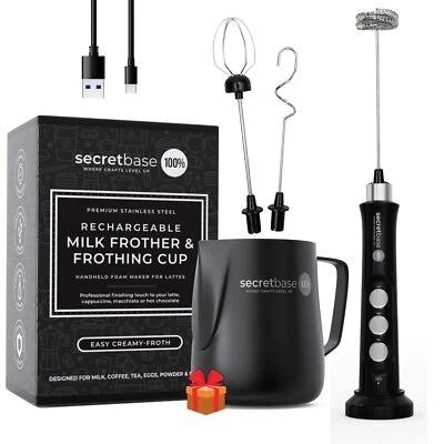 Rechargeable Frother Mixer, Pitcher and Charging Base - 3 Speed Electric Milk