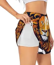 [WURTON] Cool Lion Print Exercise Gym Workout Shorts Women's Athletic Shorts Dual-Layered Yoga Running Shorts