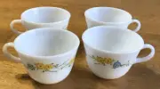 Set of 4 Vintage Pyrex Flirtation Yellow & Blue Flowers w/ Butterfly Coffee Cups