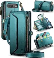 Strapurs Crossbody Wallet Case Compatible with Google Pixel 9/9 Pro RFID Blocking 10-Card Holder Soft PU Leather Magnetic Snap Shoulder Strap Zipper Phone Case Fit for Pixel 9/Pixel 9 Pro, Bluegreen