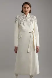 Wool Blend Crystal Embellished Notch Neck Belted Maxi Coat