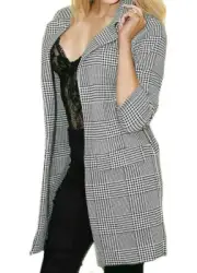 Ladies Women Blazer Check Hounds Tartan Duster Coat 3/4 Sleeve Blazer Jacket UK