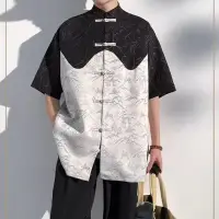 在飛比找蝦皮商城精選優惠-新中式國風短袖襯衫男女同款 2024夏季提花小眾寬鬆中山裝 