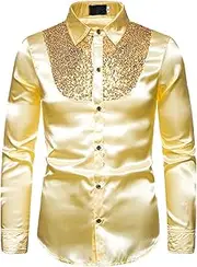 [HanzhuoLG] Men's Shirt Sequins Show Nightclub Menswear Host Master of Ceremonies Cross Border Men's Rollneck Long Sleeve Shirt S09 Gold Medium