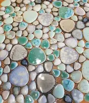 green and brown round ceramic mosaic indoor or outdoor tiles pebble teal