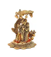 Metal Handcrafted Radha Krishna Statue With Cow ( Size: 3 X 3 X 4 Inch )