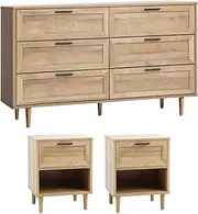 [OIKITURE] Chest of Drawers and 2 Bedside Tables Nightstands Wood Dressers
