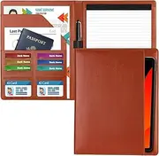 HAUTOCO Portfolio Folder A4 Conference Folder for Men Women, PU Leather Resume Document Organiser with Sleeves & Business Card Holder, Work Writing Pad Folder Padfolio for Office School, Brown