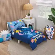 NoJo Disney S is for Stitch 4 Piece Toddler Bed Set Includes a Comforter, Fitted Bottom Sheet, Flat top Sheet, and Reversible Pillowcase. Features Fun and Playful Stitch in a Tropical Pattern